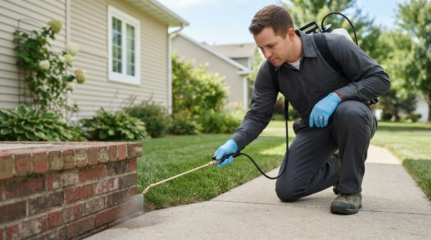 Pest control technician treating a home near Litchfield, NH